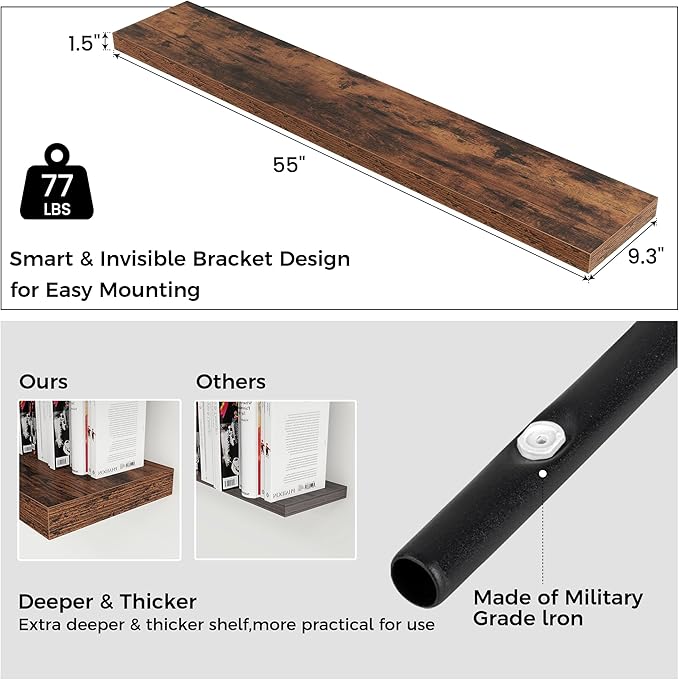 Floating Shelves for Wall, Large Wall Mounted Shelves with Invisible Brackets, Long Wood Floating Shelf for Living Room, Bedroom, Kitchen, (Brown, 55" W x 9" D x 1.5" H)