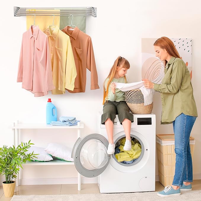 Wall Mounted Laundry Drying Rack, Retractable Clothes Drying Rack for Bathroom with Wall Template, 5 Stainless Rods Heaving 60 lb Capacity (White, 31.5")