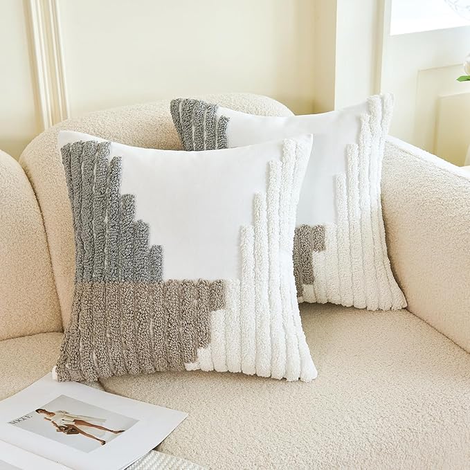 HOdo Home 18x18 Throw Pillow Covers, 2PCS Tufted Boho Jacquard Pillow Covers,Farmhouse Decorative Pillow Cover,Pillow Cases for Couch Sofa Bed Stylish Decor, Simple Textured Cushion Sham