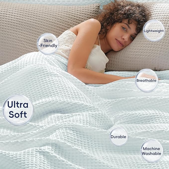 PHF Ultra Soft Waffle Weave Blanket King Size 104"x 90"- Washed Lightweight Breathable Cozy Woven Blanket for Bed - Aesthetic Decor for Couch Bedding Sofa Home Car - Ice Blue