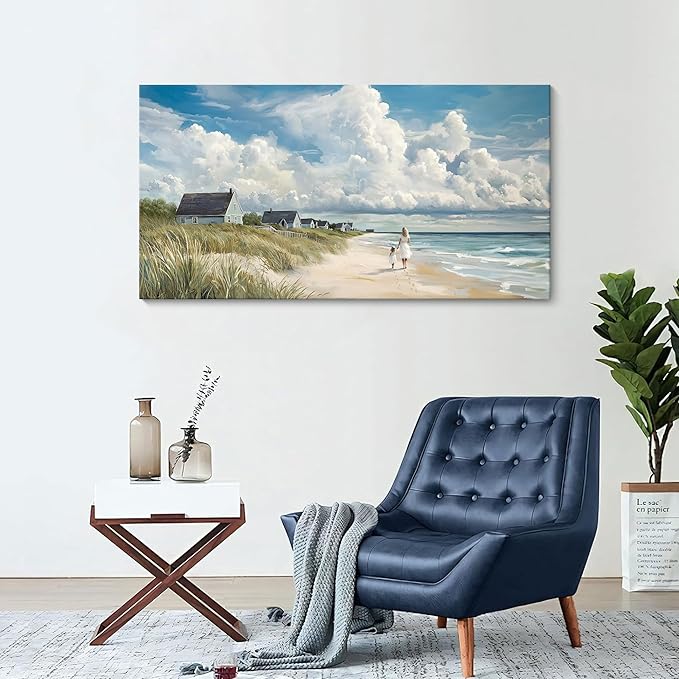 HGUAOA Coastal Canvas Wall Art - Large Landscape Wall Art for Living Room - Ocean and Beach Painting - Blue Artwork for Bedroom Decor - Above Bed Wall Pictures -Beach Theme Print Art
