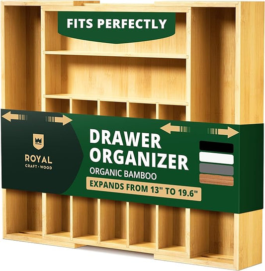 ROYAL CRAFT WOOD Luxury Bamboo Kitchen Drawer Organizer - Silverware Organizer, Utensil Holder & Cutlery Tray Drawer Dividers for Flatware (9 Slot, Natural)