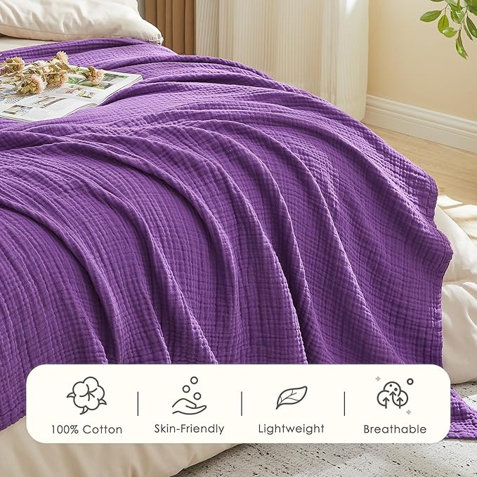 EMME Cotton Muslin Twin Blanket Breathable Gauze Blanket Soft Lightweight Blankets Adults Gifts for Women (Purple, 60"x80")