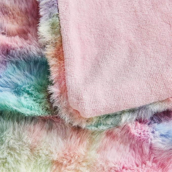 Lotus Karen Queen Size Faux Fur Blanket Rainbow - Big Bubble Rabbit Fluff Blanket for Bed, Large Fluffy Fuzzy Cozy Blanket, Thick Furry Plush Shaggy Blankets, 90x90 Inches