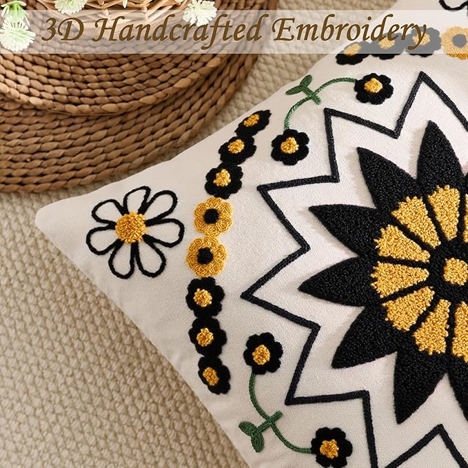 Embroidered Throw Pillow Cover 18x18 Classic Boho Floral Pattern Pillows Cover Outdoor Decorative Pillowcase,Durable Cozy Textured Cushion Case for Sofa Couch Bed Living Room,Black Orange