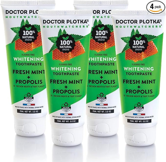 MOUTHWATCHERS Whitening Fluoride Free Naturally Sourced Toothpaste, 4 Tubes, 3 oz Each, for Sensitive Teeth and Gums, Fresh Organic Mint and Propolis, by Dr. Plotka's