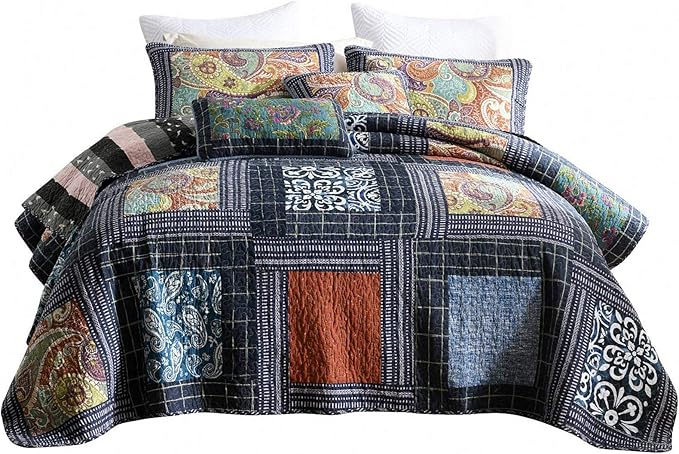 NEWLAKE Cotton Patchwork Bedspread, 3-Piece Bedding Quilt Set with Real Stitched Embroidery, Reversible Matelasse Bed Coverlet Set,Vintage Flowery Grid,Queen Size