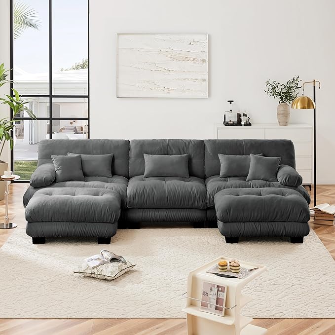 U Shaped Couch Sectional Couch, 3-Seater Cloud Couch Sectional Oversized Couch, Sofa Bed Couch with Round Bolster Armrests 5 Pillows, Modular Couch Home Sofa Living Room Couch(Gray)