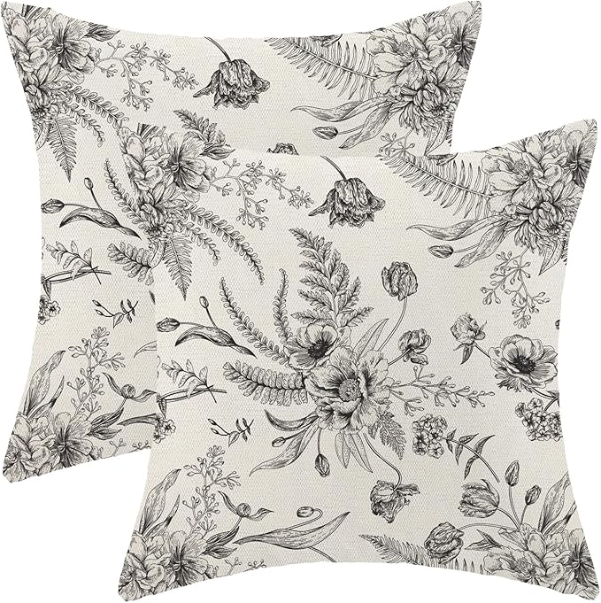 CXMEIFLY Spring Floral Leaves Pillow Covers 24 x 24 Inch Set of 2 for Chinoiserie Flowers Decor Throw Pillows Black and White Seasonal Plant Outdoor Decorative Cushion Cases for Couch Bed Decorations