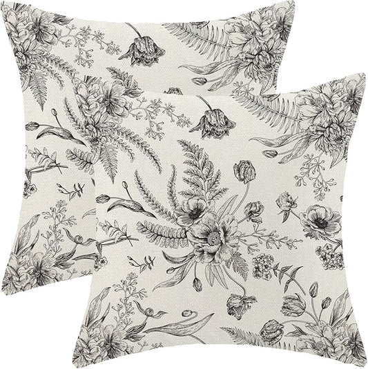 CXMEIFLY Spring Floral Leaves Pillow Covers 24 x 24 Inch Set of 2 for Chinoiserie Flowers Decor Throw Pillows Black and White Seasonal Plant Outdoor Decorative Cushion Cases for Couch Bed Decorations