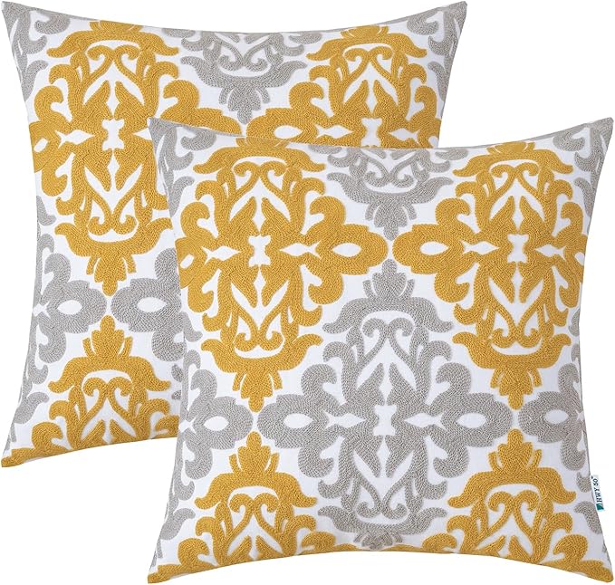 HWY 50 Mustard Yellow Decorative Throw Pillow Covers 18x18 Inch, Pack of 2 Embroidered Cotton Farmhouse Cushion Cover Pillow Case for Sofa Couch Living Room Bed Bedroon, Accent Geometric