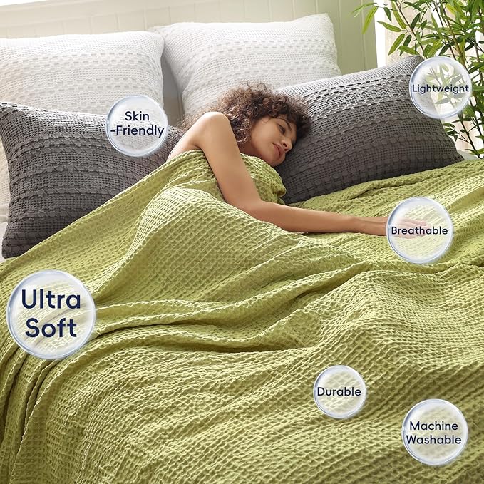PHF Ultra Soft Waffle Weave Blanket King Size 104"x 90"- Washed Lightweight Breathable Cozy Woven Blanket for Bed - Aesthetic Decor for Couch Bedding Sofa Home Car - Olive Green
