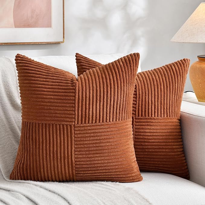 Fancy Homi 2 Packs Rust Euro Decorative Throw Pillow Covers 26x26 Inch for Bedroom Bed, Farmhouse Boho Home Decor, Soft Corss Corduroy Patchwork Textured Square Terracotta Cushion Case 66x66 cm