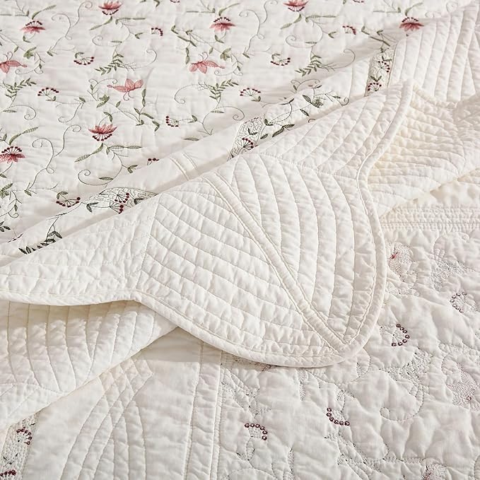 MarCielo 3-Piece 100% Cotton Oversized Bedspread Lightweight Quilt Coverlet Embroidery Farmhouse Bedding Set (TC Soft White,Oversized Queen (100"x106"))