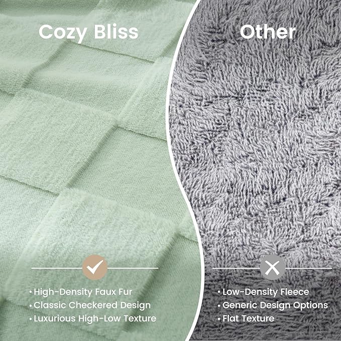 Cozy Bliss Checkered Faux Rabbit Fur Sage Green Throw Blanket, Soft Fuzzy Fluffy Minky Furry Blankets for Couch, Bed (50 * 60 Inches Light Green)