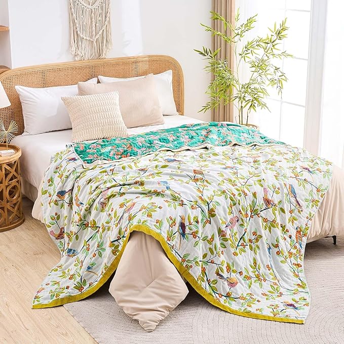 Boho Throw Blanket for Bed, 100% Cotton Soft Rustic Quilt Fall Blanket, 80"x90" Floral Printed Farmhouse Decor Bed Blankets, All Season Rustic Reversible Bohemian Throw Quilt