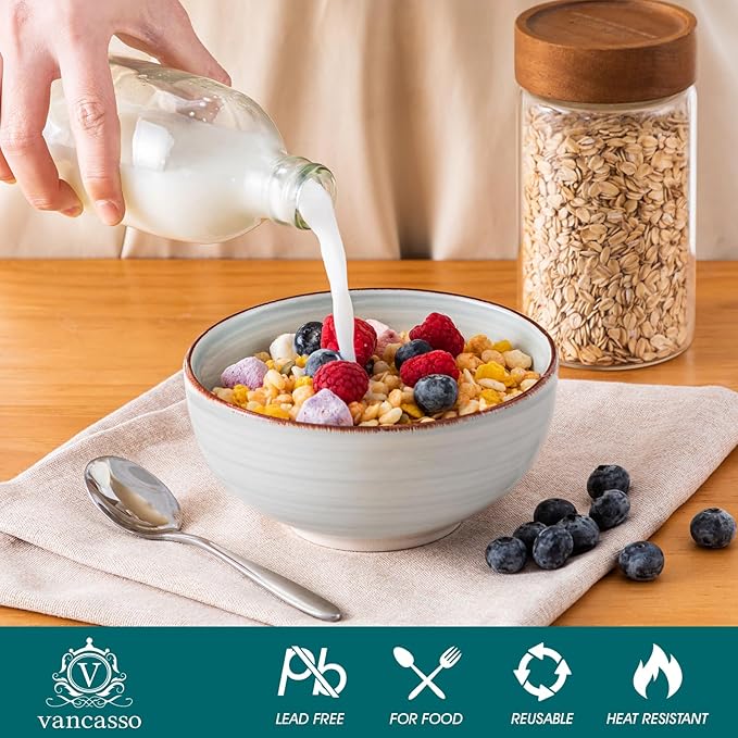 vancasso Bonita Dinnerware Set Blue Stoneware 18 Pieces Service for 4, Handpainted Spirals Pattern Stoneware Plates and Bowls Set