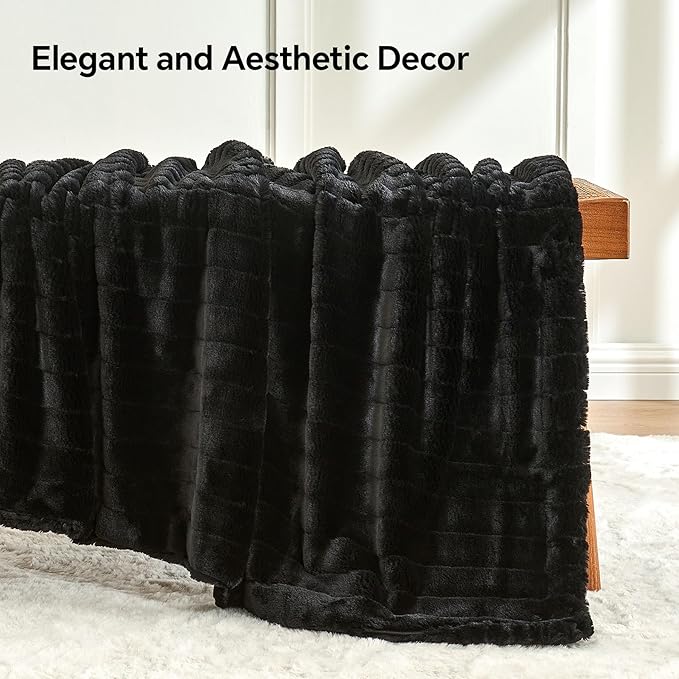 BEDELITE Faux Fur Throw Blanket for Couch, Soft and Cozy 3D Ribbed Fluffy Blanket, Thick Warm Plush Fuzzy Faux Rabbit Fur Blanket for Women Gift (Black, 60"x 80")