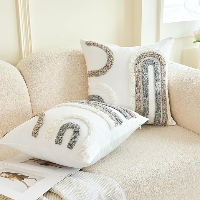 HOdo Home 18x18 Throw Pillow Covers, 2PCS Tufted Boho Jacquard Pillow Covers,Farmhouse Decorative Pillow Cover,Pillow Cases for Couch Sofa Bed Stylish Decor, Simple Textured Cushion Sham