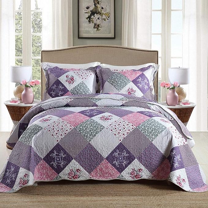 NEWLAKE Quilt Bedspread Sets-Floral Checkered Pattern Reversible Coverlet Set,King Size