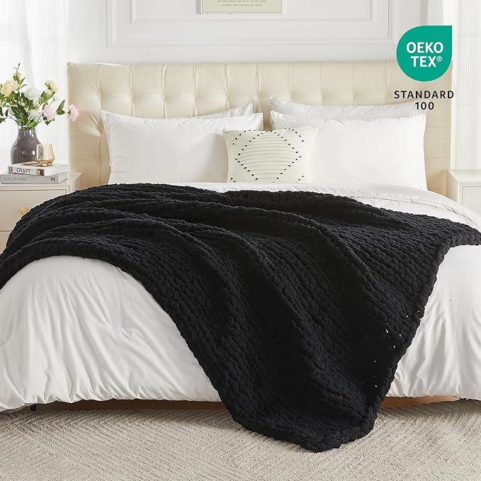 Carriediosa Chunky Knit Throw Blanket 50" X 60", 100% Hand Made Large Chenille Loop Yarn Soft Fluffy Throws for Couch Sofa Bed, Big Crochet Cozy Heavy Thick Cable Woven Blankets, Black