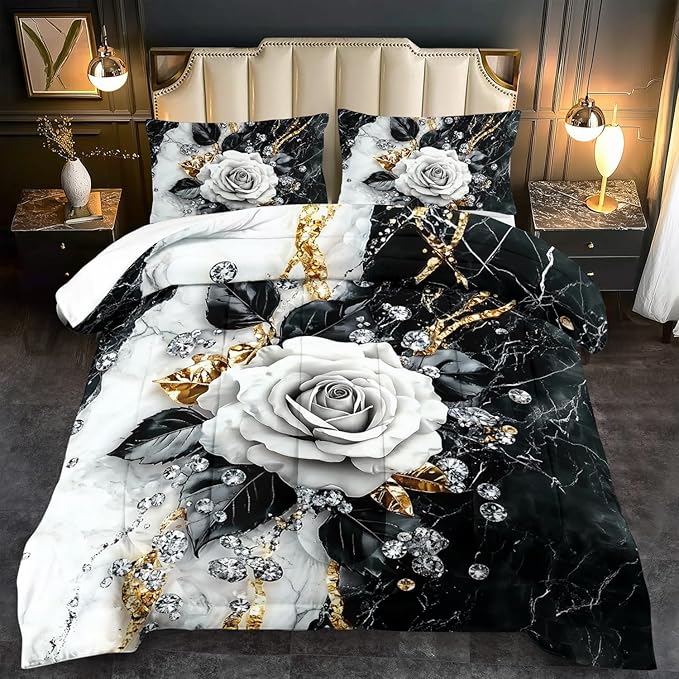 Marble Floral Comforter Set for Queen Bed Women,Vintage Flower Bedding Set Queen,White and Black Comforter Rose Quilt for Girls,Rose Bedding Floral Bedroom Decor Adults