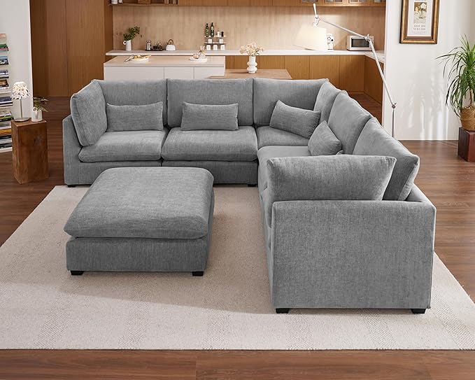 Oversized Modular Sofa, Extra Deep Cloud Chenille Sectional Couch with Ottoman Chaise, Fluffy Chenille Corner V Shape Sofa for Living Room, Villa (Corner V Shape+Ottoman, Chenille Grey)