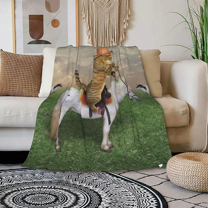 HGOD DESIGNS Funny Cat Throw Blanket Ultra Soft Warm All Season The Cat Cowboy on a Horse Decorative Fleece Blankets for Bed Chair Car Sofa Couch Bedroom 50"X60"