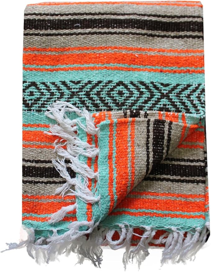 Del Mex Classic Mexican Blanket, Large Authentic Woven Falsa Throw (70"x50"), Artisan Southwest Décor for Beach, Yoga, Outdoors (Mint/Tan/Orange)