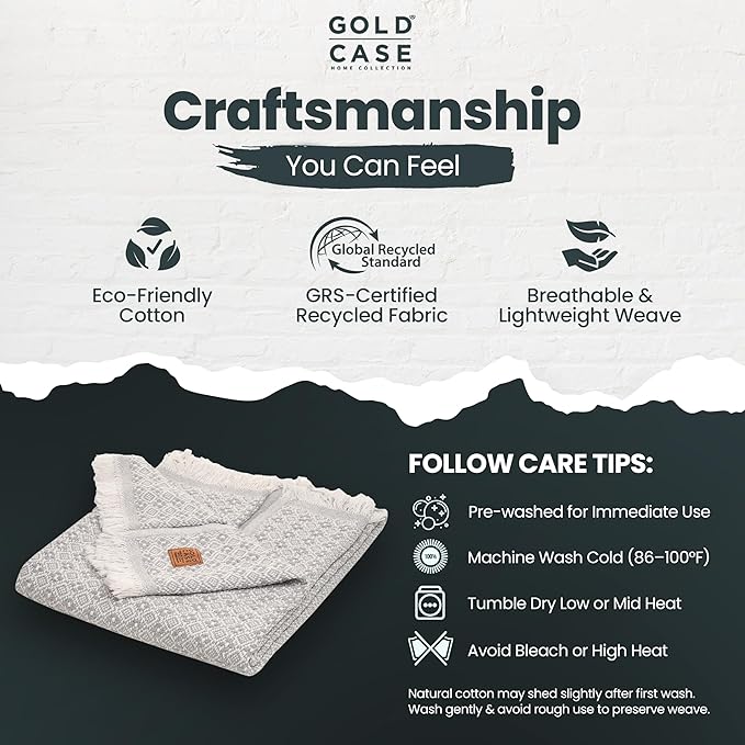 Gold Case Throw Blanket for Couch – 100% Recycled Turkish Cotton Blankets & Throws – Elegant Decorative Throw Blankets for Living Room Sofa – Woven Throws for Couch – Retro Grey – 50x60