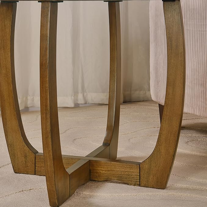 PADMA HOUSE Round Wood End Table with Curved Legs, Drum Circle Side Table with Snowflake Tabletop, Rounded Wooden Sofa Side Table, Brown Walnut Wood Tabletop & Legs 23.6" x 21.7"