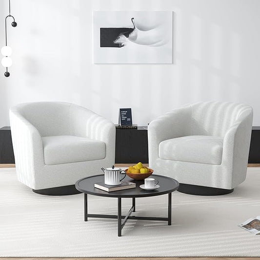 Swivel Barrel Accent Chair, Modern Round Chenille Fabric Arm Chair for Living Room, Bedroom, Comfy Club Reading Chairs for Adults（Chenille Fabric, Beige, Set of 2
