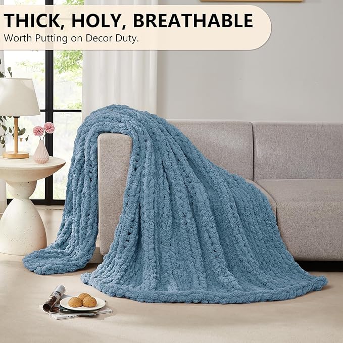 L'AGRATY Chunky Knit Blanket Throw: 80''x90'' Chenille Chunky Knitted Throw Blankets for Bed Couch - Handmade Thick Big Cable Knit Blanket - Large Crochet Rope Blankets for Home Decor(Airy Blue)