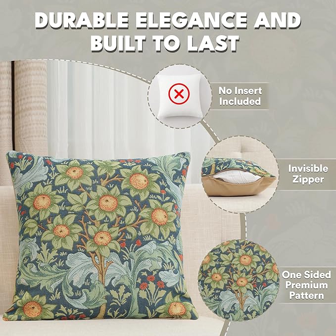 Charlotte Home Furnishings Decorative Tapestry Pillow Cover 19x19 in, Blue Arabesques Couch Throw Pillow Cover, French Country Square Cushion Cases for Bed Room Home Decor, Soft Cotton Jacquard Woven