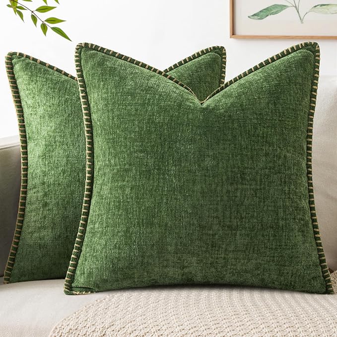MIULEE Pack of 2 Fall Couch Pillow Covers 18x18 Inch Moss Green Farmhouse Decorative Throw Pillow Covers with Stitched Edge Soft Chenille Solid Dyed Pillow Covers for Sofa Bed Living Room