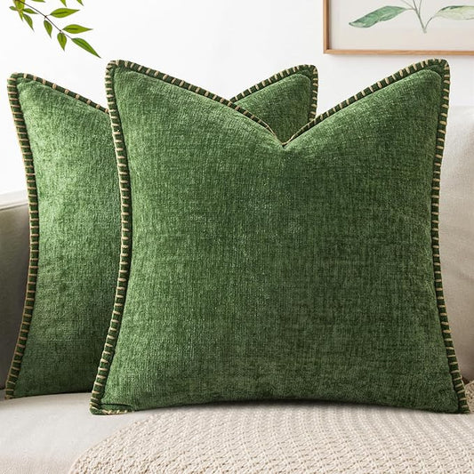 MIULEE Pack of 2 Fall Couch Pillow Covers 18x18 Inch Moss Green Farmhouse Decorative Throw Pillow Covers with Stitched Edge Soft Chenille Solid Dyed Pillow Covers for Sofa Bed Living Room