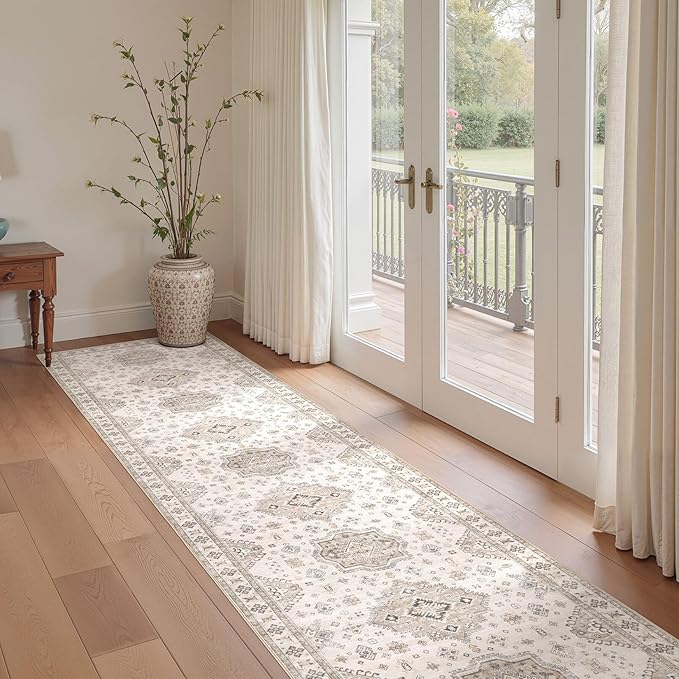 Washable 2.6x14 Runner Rug - Area Rugs Neutral Vintage Distressed Floral Farmhouse Boho Large Soft Floor Rug Indoor Carpet for Hallway Entryway Home - Beige Brown