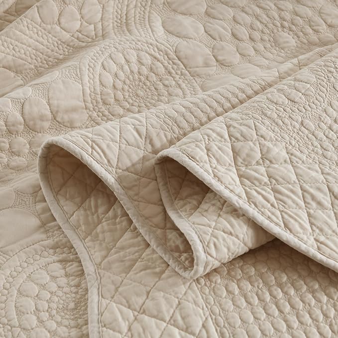 MarCielo 3-Piece 100% Cotton Oversized Bedspread Lightweight Quilt Coverlet Embroidery Farmhouse Bedding (Tf Khaki Beige, Oversized King (118"x106"))