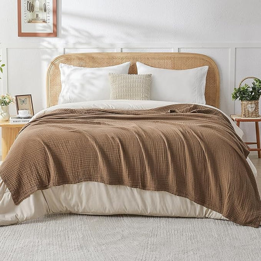 EMME Cotton Muslin Queen Blanket Bed Layering Breathable Gauze Blanket Soft Lightweight Blankets Adults (Brown, 90"x90")