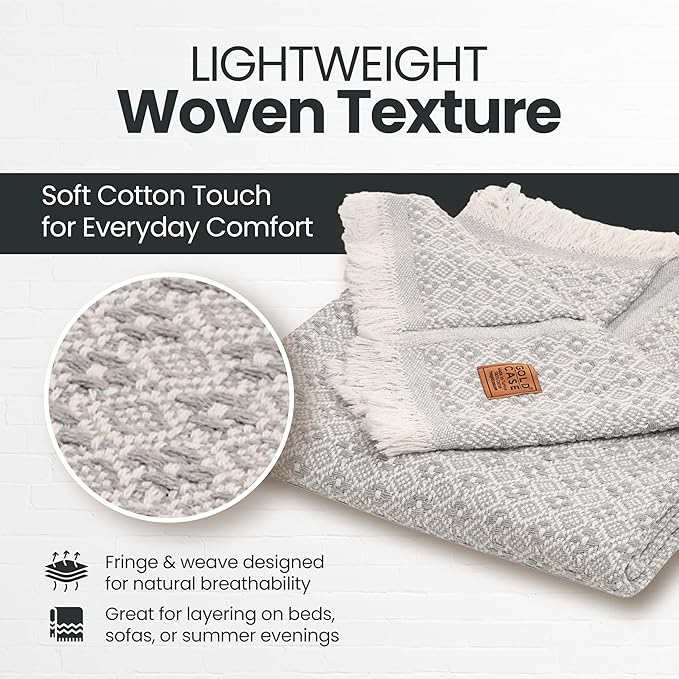 Gold Case Throw Blanket for Couch – 100% Recycled Turkish Cotton Blankets & Throws – Elegant Decorative Throw Blankets for Living Room Sofa – Woven Throws for Couch – Retro Grey – 50x60