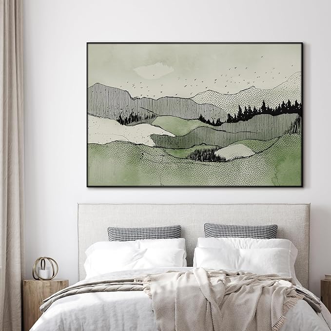 SIGNWIN 46"x72" Extra Large Framed Wall Art Green Line Art Mountain Landscape Illustration for Home Living Room Bedroom Decor (Frame Assembly Required)