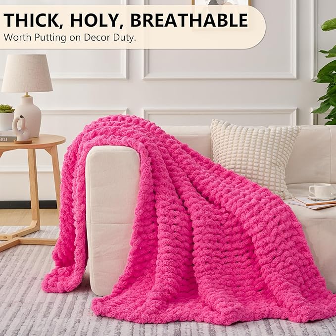 L'AGRATY Chunky Knit Blanket Throw: 50''x60'' Chenille Chunky Knitted Throw Blanket for Bed Couch - Handmade Thick Big Cable Knit Blankets - Large Crochet Rope Blanket for Home Decor(Hot Pink)