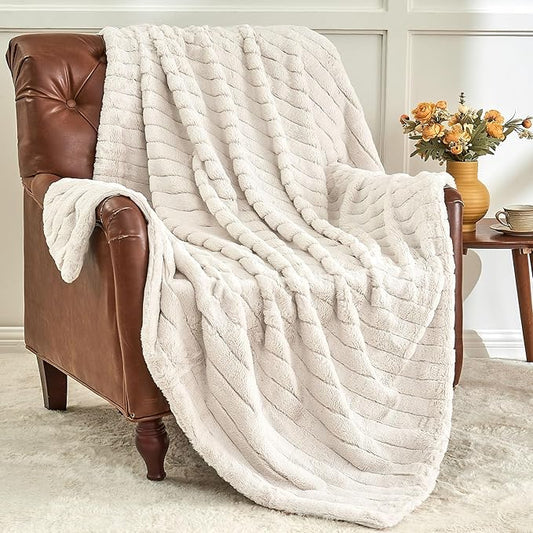 BEDELITE Faux Fur Throw Blanket for Couch, Soft and Cozy 3D Ribbed Fluffy Blanket, Thick Warm Plush Fuzzy Faux Rabbit Fur Blanket for Women Gift (Beige, 50"x 60")