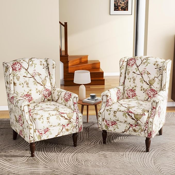 UIXE High Back Floral Accent Chairs Set of 2, Fabric Upholstered Armchair for Living Room, Retro Wingback Arm Chair with Solid Wood Leg, Nailhead Trim Single Sofa Bedroom Reading Seat - Beige