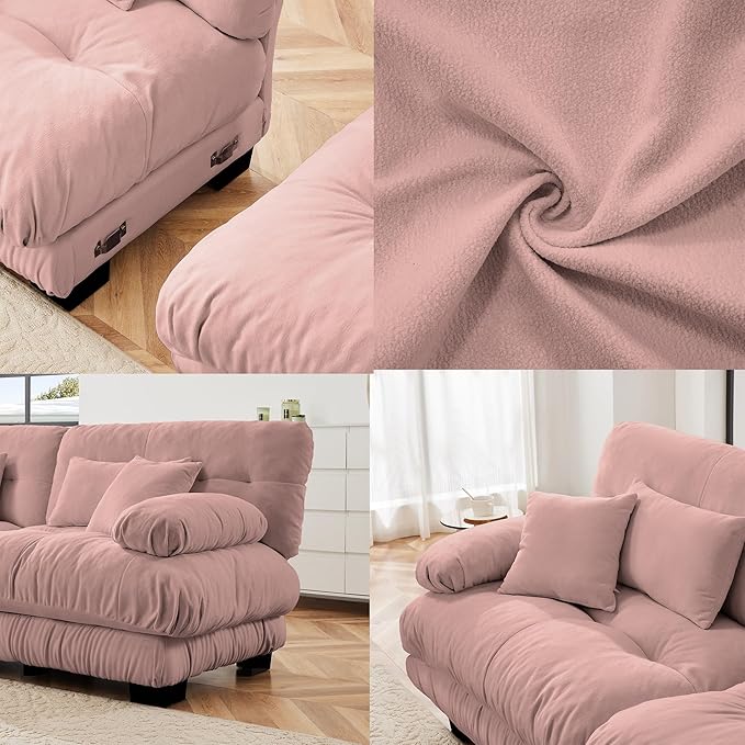 U Shaped Couch Sectional Couch, 3-Seater Cloud Couch Sectional Oversized Couch, Sofa Bed Couch with Round Bolster Armrests 5 Pillows, Modular Couch Home Sofa Living Room Couch(Pink)