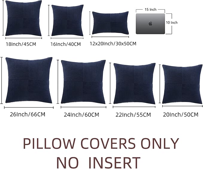 Fancy Homi 2 Packs Navy Blue Decorative Throw Pillow Covers 16x16 Inch for Living Room Couch Bed, Rustic Farmhouse Boho Home Decor, Soft Corss Patchwork Corduroy Textured Square Cushion Case 40x40 cm