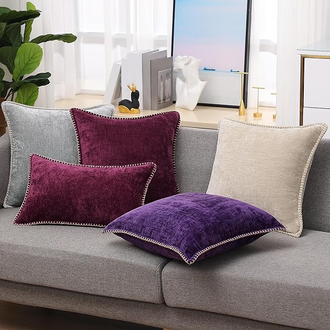 decorUhome Chenille Soft Throw Pillow Covers 22x22 Set of 2, Farmhouse Velvet Neutral Decorative Euro Pillow Covers with Stitched Edge for Couch Sofa Bed Home Decor, Rhododendron