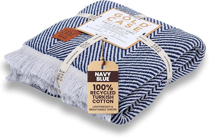 Gold Case Throw Blanket for Couch – 100% Recycled Turkish Cotton Blankets & Throws – Elegant Decorative Throw Blankets for Living Room Sofa – Woven Throws for Couch – Elegant Navy Blue – 50x60