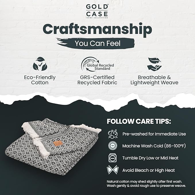 Gold Case Throw Blanket for Couch – 100% Recycled Turkish Cotton Blankets & Throws – Elegant Decorative Throw Blankets for Living Room Sofa – Woven Throws for Couch – Retro Black – 50x60