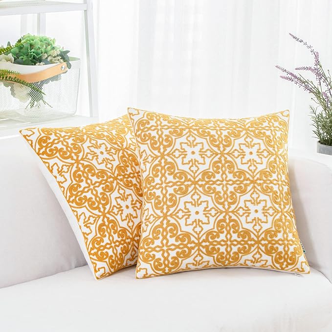 HWY 50 Mustard Yellow Decorative Throw Pillow Covers 18x18 Inch, Pack of 2 Embroidered Cotton Farmhouse Cushion Cover Pillow Case for Sofa Couch Living Room Bed Bedroon, Modern Pattern